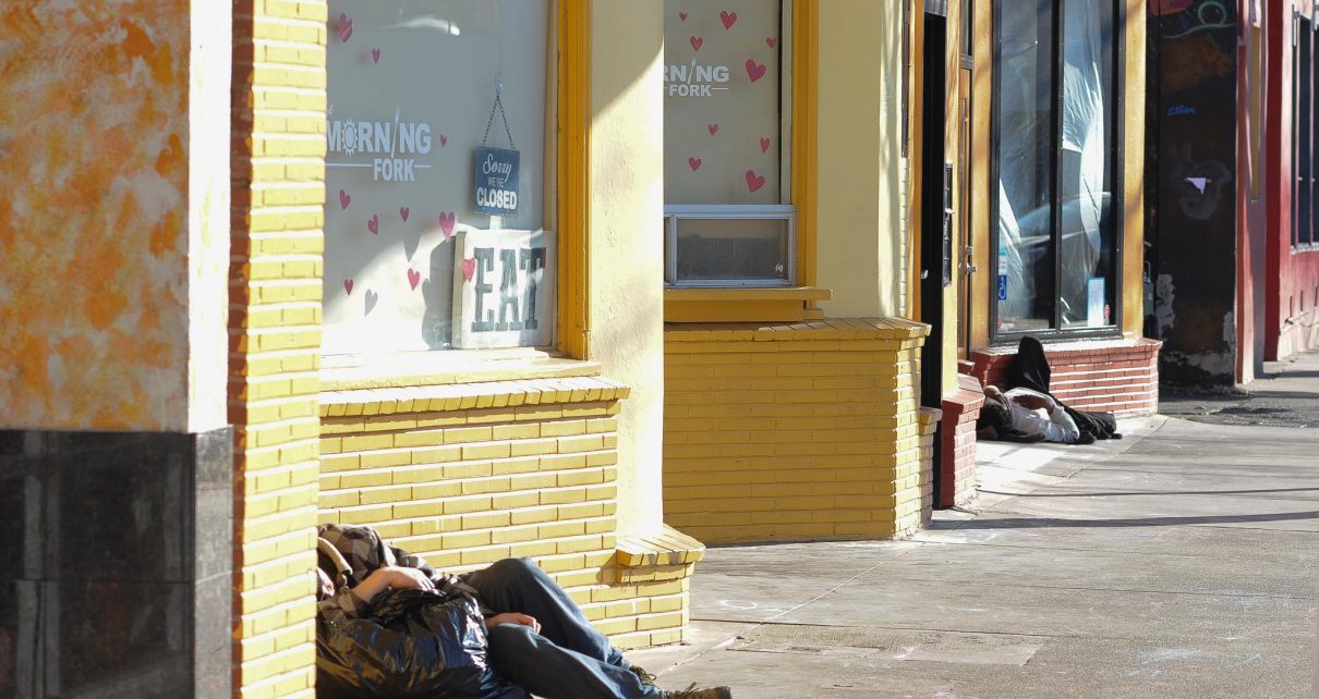 Homeless sleeping in shop doorways in Sacramento.